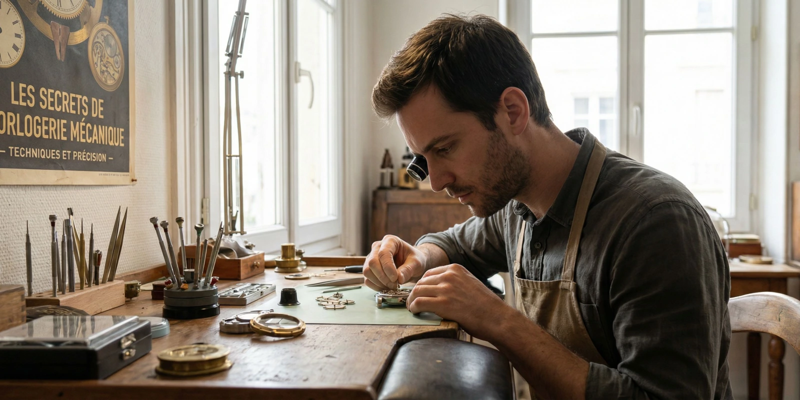 CAP Horlogerie Adulte : Se Reconvertir dans l'Horlogerie après 25 ans Horloger adulte en reconversion travaillant sur une montre mécanique à son établi