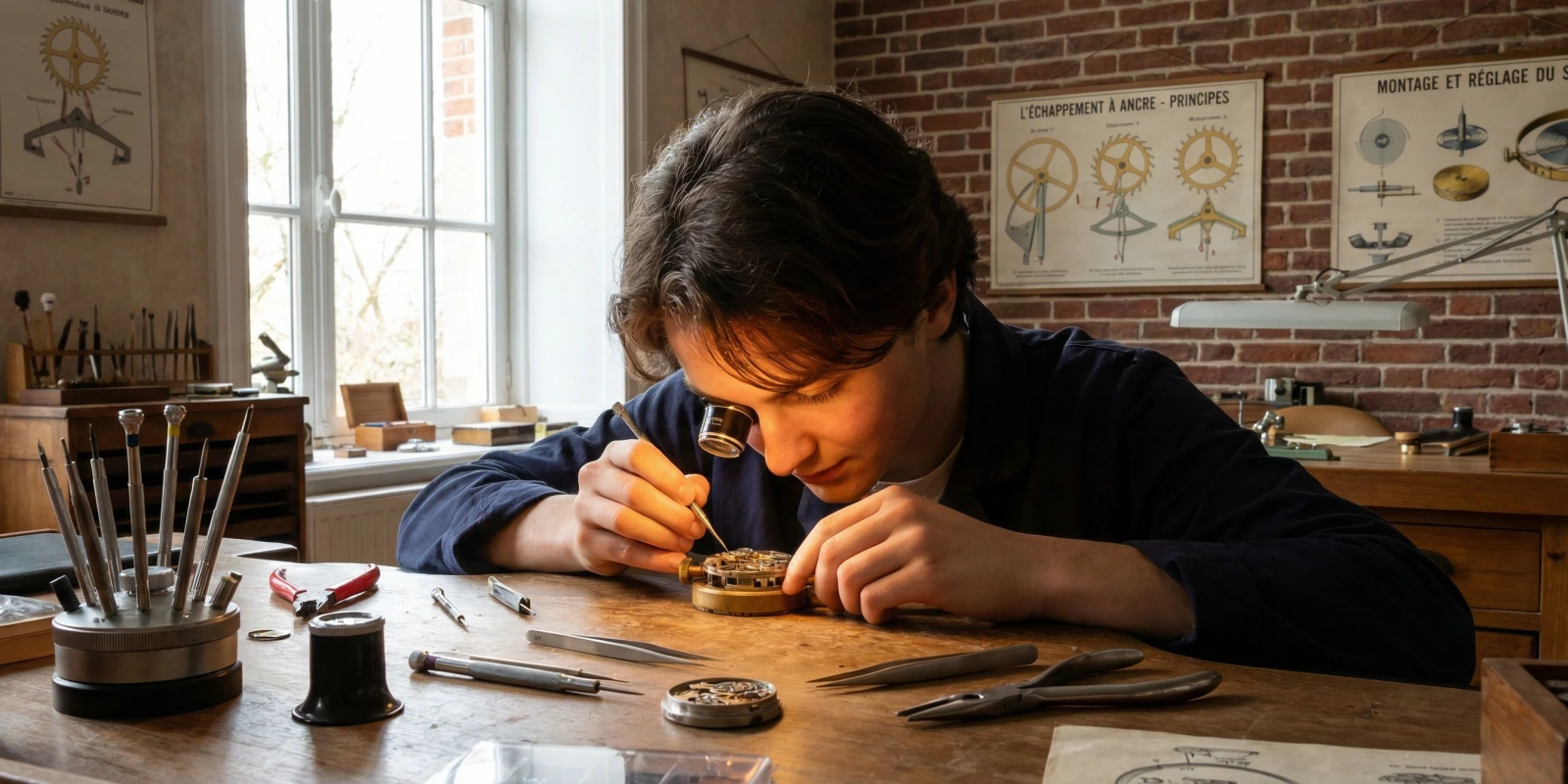 CAP Horlogerie à Distance : Est-ce Possible ? Formations et Alternatives Étudiant en horlogerie travaillant sur un mécanisme de montre avec loupe et outils de précision