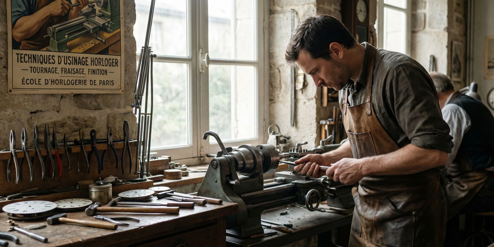 Épreuves EP1 et EP2 du CAP Horlogerie : Coefficients, Durée et Conseils Candidat en pleine épreuve pratique d'horlogerie, concentré sur l'usinage d'une pièce au tour